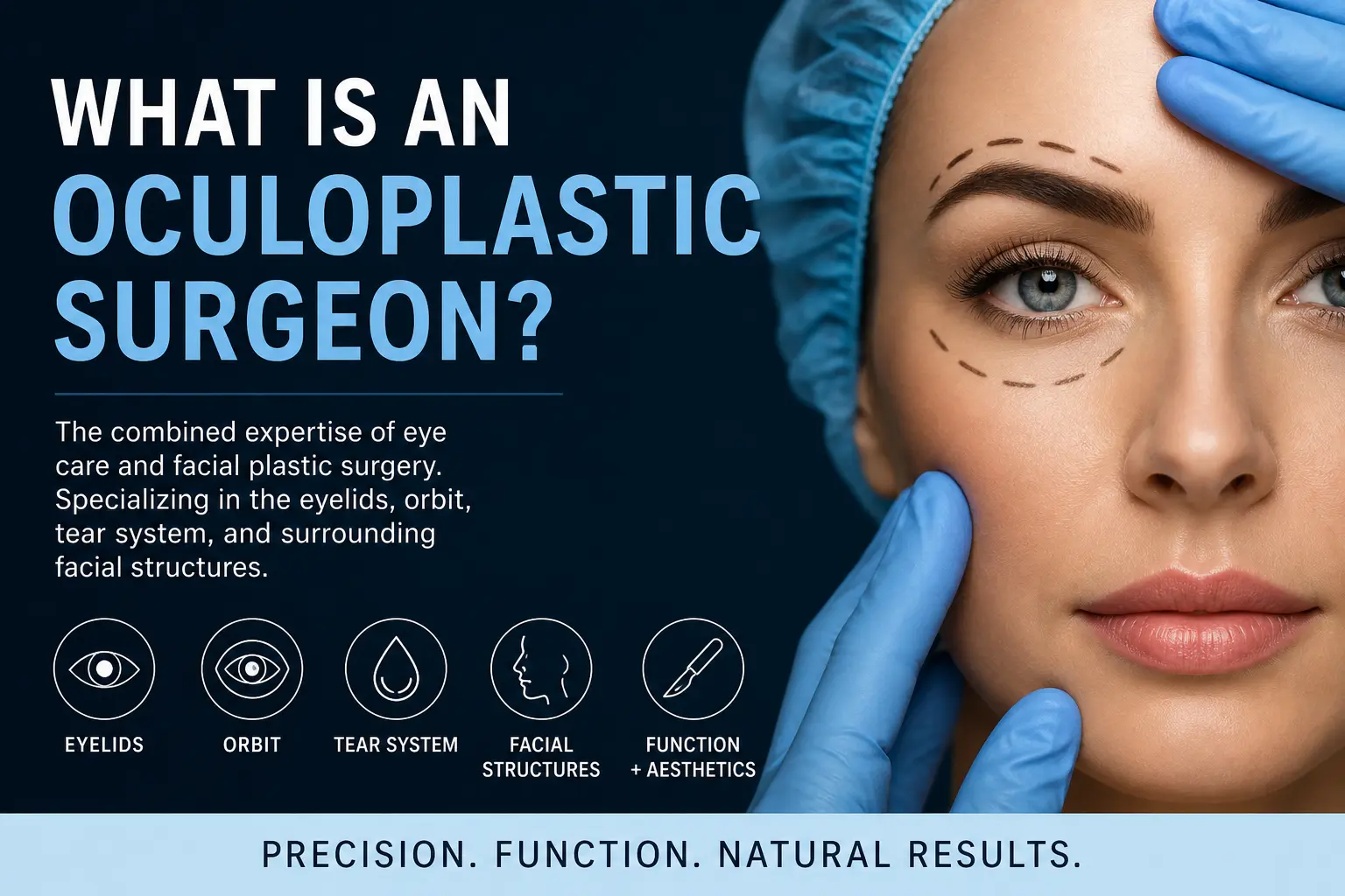 Oculoplastic surgeon specialty infographic showing eyelid, orbit, tear system, and facial structure expertise