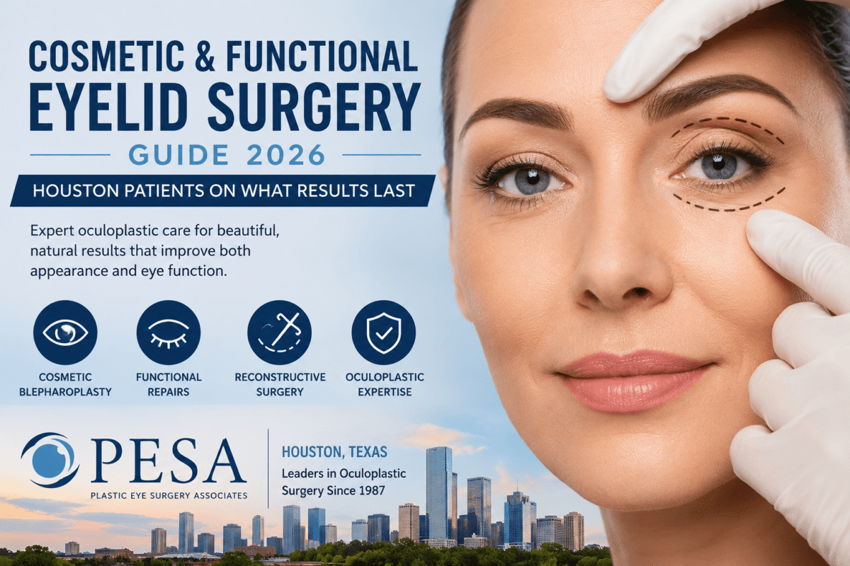 eyelid-surgery-guide 2 Cosmetic and functional eyelid surgery consultation showing upper and lower eyelid treatment planning by a fellowship-trained oculoplastic surgeon in Houston, Texas.