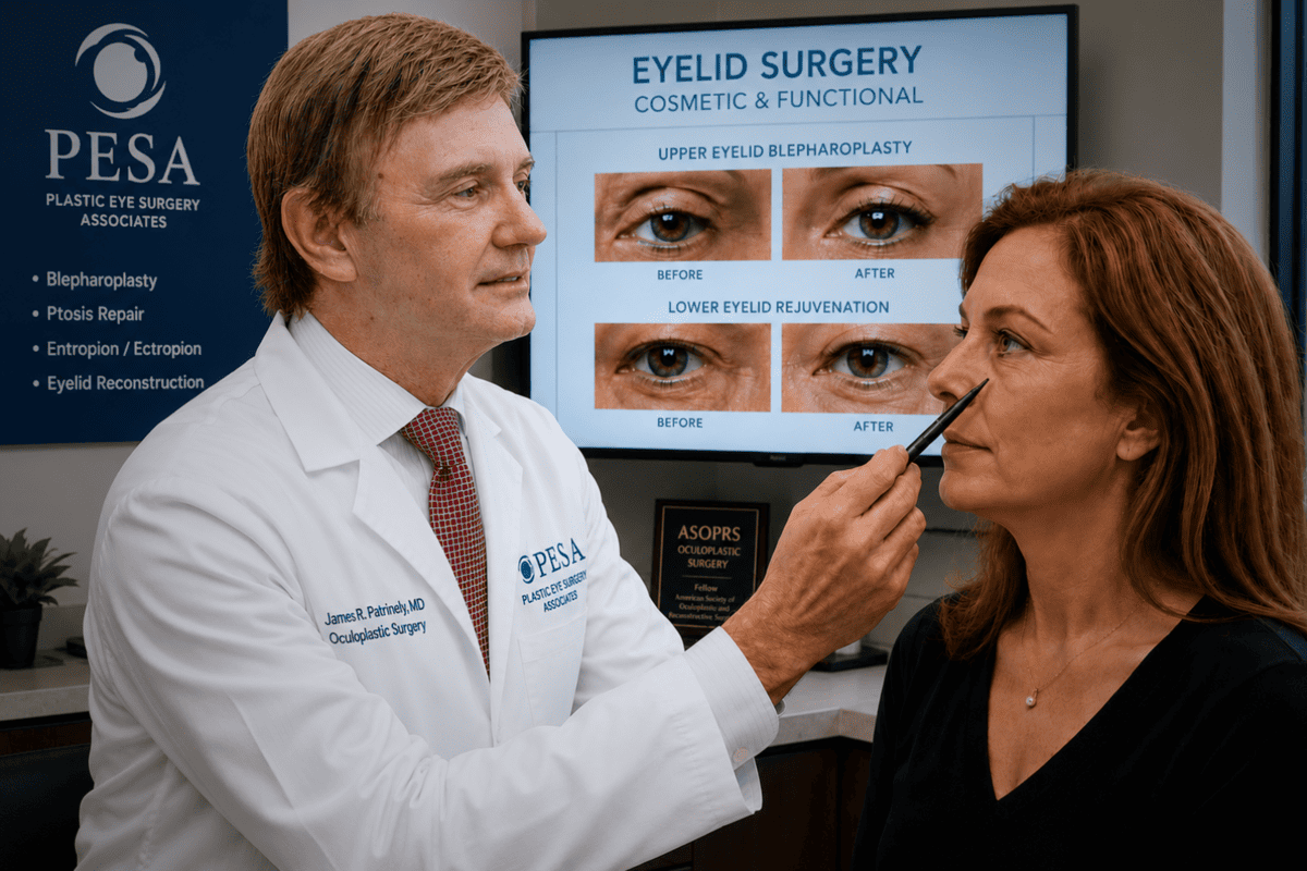 Eyelid Surgery Guide 2026: Houston Patient Tips 1 Oculoplastic surgeon Dr. James Patrinely examining a patient's eyelid at Plastic Eye Surgery Associates in Houston